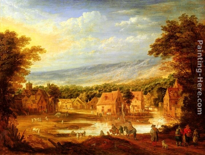Joos De Momper An extensive river landscape with travellers approaching a village